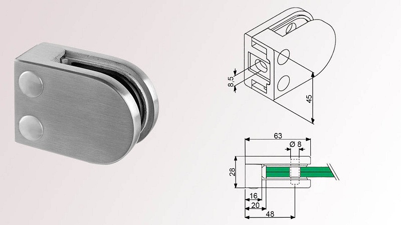 Pince à verre demi-ronde en inox pour balustrade vitré